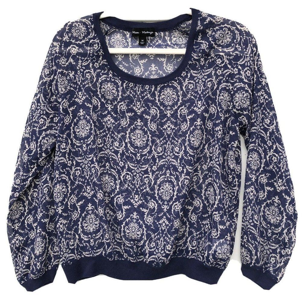 Mason Mackenzie Sheer Sweater Top Size M Long Sleeve Damask Navy Blue White